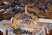 Detail of 'Ramakien' mural painting  - temple of the Emerald Buddha, Bangkok . Architectural elements in the panels are adapted from the real palaces and temples of the capital. 